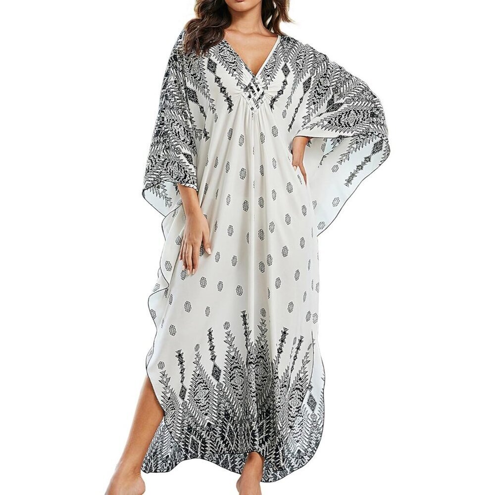 Womens White Black Placement V-neck Sleeve Flowy Split Hem Bohemian Kaftan Dress